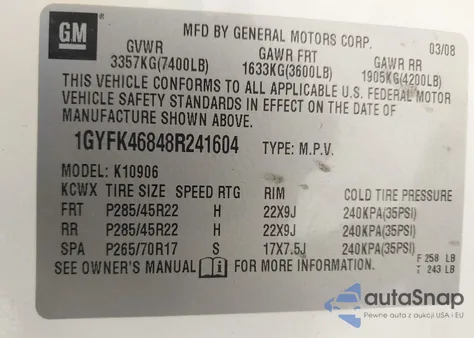 2008 Cadillac Escalade Esv Standard из США, поврежденный, VIN 1GYFK46848R241604